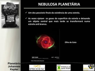  Um dos possíveis finais da existência de uma estrela.
 As vezes ejetam os gases da superfície da estrela e deixando
um objeto central que mais tarde se transformará numa
estrela anã branca.
NEBULOSA PLANETÁRIA
Olho de Gato
Fonte: Observatório Nacional
 