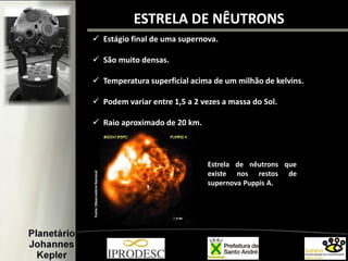 ESTRELA DE NÊUTRONS
Fonte:ObservatórioNacional
Estrela de nêutrons que
existe nos restos de
supernova Puppis A.
 Estágio final de uma supernova.
 São muito densas.
 Temperatura superficial acima de um milhão de kelvins.
 Podem variar entre 1,5 a 2 vezes a massa do Sol.
 Raio aproximado de 20 km.
 