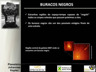  Estranhas regiões do espaço-tempo capazes de "engolir"
todos os corpos celestes que passam próximos a eles.
 Os buracos negros são um dos possíveis estágios finais de
uma estrela.
BURACOS NEGROS
Fonte:ObservatórioNacional
Região central da galáxia M87 onde se
encontra um buraco negro.
 