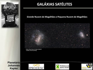 Fonte: http://astro.if.ufrgs.br/galax/
Créditos: Wei-Hao Wang
GALÁXIAS SATÉLITES
Grande Nuvem de Magalhães e Pequena Nuvem de Magalhães
 