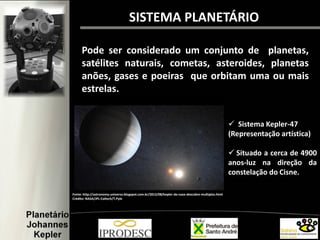 SISTEMA PLANETÁRIO
Pode ser considerado um conjunto de planetas,
satélites naturais, cometas, asteroides, planetas
anões, gases e poeiras que orbitam uma ou mais
estrelas.
Fonte: http://astronomy-universo.blogspot.com.br/2012/08/kepler-da-nasa-descobre-multiplos.html
Crédito: NASA/JPL-Caltech/T.Pyle
 Sistema Kepler-47
(Representação artística)
 Situado a cerca de 4900
anos-luz na direção da
constelação do Cisne.
 