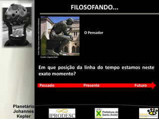 FILOSOFANDO...
Fonte:http://www.musee-rodin.fr/en/collections
O Pensador
Escultor: Auguste Rodin
Em que posição da linha do tempo estamos neste
exato momento?
Passado Presente Futuro
 