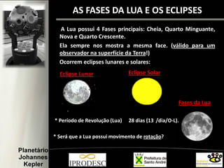 AS FASES DA LUA E OS ECLIPSES
A Lua possui 4 Fases principais: Cheia, Quarto Minguante,
Nova e Quarto Crescente.
Ela sempre nos mostra a mesma face. (válido para um
observador na superfície da Terra!)
Ocorrem eclipses lunares e solares:
Fases da Lua
Eclipse SolarEclipse Lunar
* Período de Revolução (Lua) 28 dias (13 /dia/O-L).
* Será que a Lua possui movimento de rotação?
 