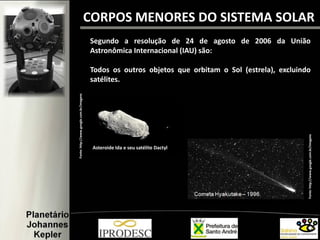 CORPOS MENORES DO SISTEMA SOLAR
Segundo a resolução de 24 de agosto de 2006 da União
Astronômica Internacional (IAU) são:
Todos os outros objetos que orbitam o Sol (estrela), excluindo
satélites.
Asteroide Ida e seu satélite Dactyl
Fonte:http://www.google.com.br/imagens
Fonte:http://www.google.com.br/imagens
 