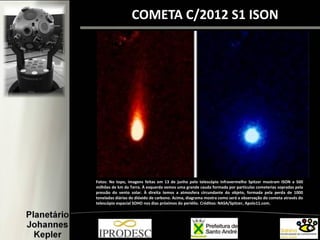 Fotos: No topo, imagens feitas em 13 de junho pelo telescópio infravermelho Spitzer mostram ISON a 500
milhões de km da Terra. À esquerda vemos uma grande cauda formada por partículas cometerias sopradas pela
pressão do vento solar. À direita temos a atmosfera circundante do objeto, formada pela perda de 1000
toneladas diárias de dióxido de carbono. Acima, diagrama mostra como será a observação do cometa através do
telescópio espacial SOHO nos dias próximos do periélio. Créditos: NASA/Spitzer, Apolo11.com.
COMETA C/2012 S1 ISON
 