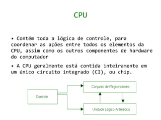 CPU

• Contém toda a lógica de controle, para
coordenar as ações entre todos os elementos da
CPU, assim como os outros componentes de hardware
do computador
• A CPU geralmente está contida inteiramente em
um único circuito integrado (CI), ou chip.
 