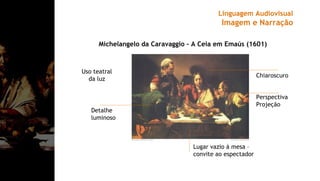 Detalhe
luminoso
Lugar vazio à mesa –
convite ao espectador
Chiaroscuro
Perspectiva
Projeção
Michelangelo da Caravaggio – A Ceia em Emaús (1601)
Uso teatral
da luz
Linguagem Audiovisual
Imagem e Narração
 