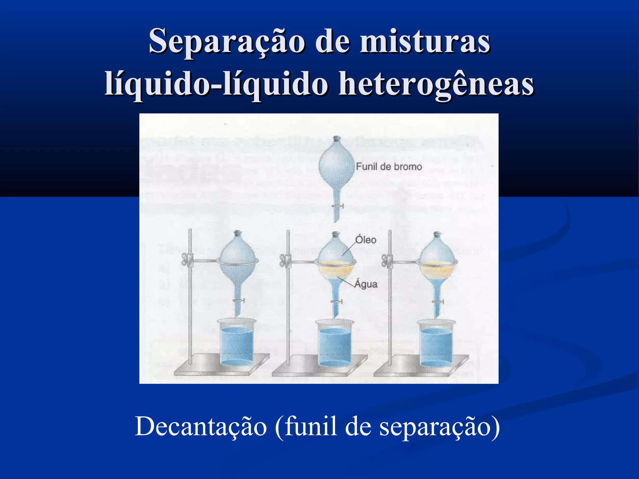 Decantação (funil de separação)
Separação de misturasSeparação de misturas
líquido-líquido heterogêneaslíquido-líquido heterogêneas
 