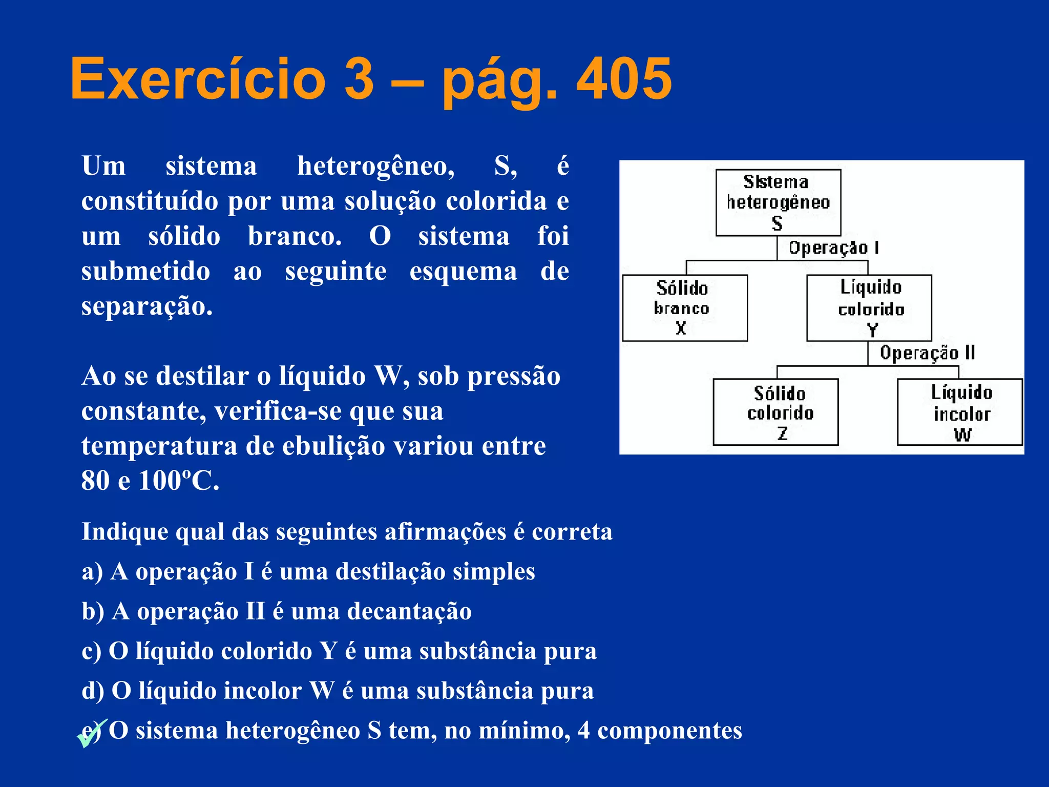 Indique qual das seguintes afirmações é correta
a) A operação I é uma destilação simples
b) A operação II é uma decantação
c) O líquido colorido Y é uma substância pura
d) O líquido incolor W é uma substância pura
e) O sistema heterogêneo S tem, no mínimo, 4 componentes
Um sistema heterogêneo, S, é
constituído por uma solução colorida e
um sólido branco. O sistema foi
submetido ao seguinte esquema de
separação.
Ao se destilar o líquido W, sob pressão
constante, verifica-se que sua
temperatura de ebulição variou entre
80 e 100ºC.
Exercício 3 – pág. 405

 