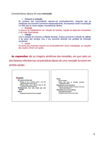 8
Características típicas de uma recessão
1. C
Co
on
ns
su
um
mo
o e
e p
pr
ro
od
du
uç
çã
ão
o
As compras dos consumidores reduzem-se acentuadamente, enquanto que as
existências em armazém aumentam inesperadamente. As empresas cortam na produção
e o PIB real cai. Pouco depois o investimento diminui.
2. E
Em
mp
pr
re
eg
go
o
A procura de trabalhadores cai: redução de horários, seguida de dispensas temporárias
e de maior desemprego.
3. I
In
nf
fl
la
aç
çã
ão
o
Com a redução do consumo a inflação abranda. É pouco provável a redução de salários
e do preço dos serviços mas o seu aumento abranda nos períodos de retracção
económica.
4. L
Lu
uc
cr
ro
os
s
Os lucros das empresas reduzem-se acentuadamente. Numa antecipação, as cotações
das acções entram em queda.
As expansões são as imagens simétricas das recessões, em que cada um
dos factores referidos nas características típicas de uma recessão funciona em
sentido oposto.
 
