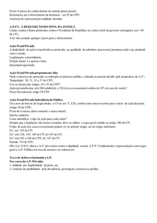 Prazo: 6 meses do conhecimento da autoria (prazo penal);
Retratação:até o oferecimento da denúncia – art.25 do CPP;
Ausência de representação:nulidade absoluta
A.P.P C. À REQUISIÇÃO DO MINS. DA JUSTIÇA
Crimes contra a honra praticados contra o Presidente da República ou contra chefe de governo estrangeiro. (art. 145
do CP);
A lei não assinala qualquer prazo para o oferecimento.
Ação Penal Privada
A titularidade da ação é transferida ao particular, na qualidade de substituto processual, permanecendo o jus puniendi
com o estado;
Legitimação extraordinária;
Petição inicial é a queixa-crime;
Querelante/querelado.
Ação Penal Privada propriamente dita
Onde o interesse do particular se sobrepõe ao interesse público, cabendo ao mesmo decidir pela propositura da A.P.;
Titularidade: 30, 31, 33 e 37 do CPP;
Uso ou desuso dos artigos 34 e 35 do CPP?
Ação personalíssima arts 240 (adultério) e 236 (erro ao casamento) ambos do CP; em caso de morte?
Prazo Decadencial: artigo 38 CPP
Ação Penal Privada Subsidiária da Pública
Em casos de inercia do òrgão titular, a CF no art. 5º, LIX, confere uma única ressalva para o inicio da ação da penal;
Artigo 29 do CPP;
Prazo de 6 meses,altera somente o marco inicial;
Queixa supletiva.
Como identificar o tipo de ação para cada crime?
Sempre que a legislação não tratar a respeito, deve-se utilizar a regra geral contida no artigo 100 do CP;
O tipo de ação nos casos excepcionais podem vir no próprio artigo, ou em artigo autônomo;
Ex¹: art. 154 do CP;
Ex²: arts 138, 139, 140 do CP,art 145 do CP;
Ex³: arts 163 a 166 do CPP,art. 167 do CP;
Sumula 714 do STF;
Obs: Lei 12.015, altera a A.P. dos crimes contra a dignidade sexual; A.P.P. Condicionada a representação como regra
geral e A.P. Pública em caso de menores ou vulneráveis.
Tesesde defesa relacionada a A.P.
Nos casos da A.P. Privadas
1: nulidade por ilegitimidade de parte, ou;
2: extinção de punibilidade pela decadência, perempção,renúncia ou perdão.
 