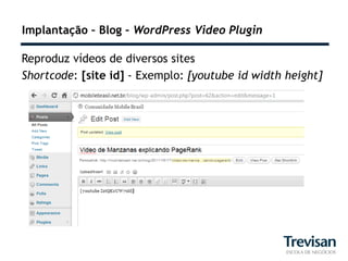 Implantação – Blog – WordPress Video Plugin

Reproduz vídeos de diversos sites
Shortcode: [site id] - Exemplo: [youtube id width height]
 
