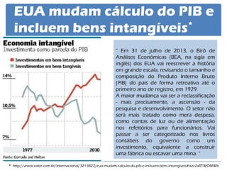EUA mudam cálculo do PIB e incluem bens intangíveis* 
“ Em 31 de julho de 2013, o Birô de Análises Econômicas (BEA, na sigla em inglês) dos EUA vai reescrever a história em grande escala, revisando o tamanho e composição do Produto Interno Bruto (PIB) do país de forma retroativa até o primeiro ano de registro, em 1929. A maior mudança vai ser a reclassificação - mais precisamente, a ascensão - da pesquisa e desenvolvimento. O setor não será mais tratado como mera despesa, como contas de luz ou de alimentação nos refeitórios para funcionários. Vai passar a ser categorizado nos livros contábeis do governo como um investimento, equivalente a construir uma fábrica ou escavar uma mina. “ 
* http://www.valor.com.br/internacional/3213822/eua-mudam-calculo-do-pib-e-incluem-bens-intangiveis#ixzz2aRTWOMWb  