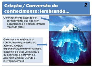 Criação / Conversão do conhecimento: lembrando... 
2 
O conhecimento explícito é o conhecimento que pode ser documentado e é mais facilmente replicado (10%). 
O conhecimento tácito é o conhecimento que deriva do aprendizado pela experimentação e é internalizado, é pessoal, de difícil verbalização ou codificação e provém do aprender fazendo, usando e interagindo (90%).  