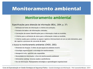 Monitoramento ambiental 
Curso de Especialização em Gestão Estratégica de Segurança Pública – Gestão Estratégica da Informação - Prof. Leonardo Moraes - 2014  