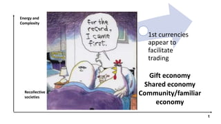 Trading
agriculture
surplus
Markets
appear
1st currencies
appear to
facilitate
trading
Recollective
societies
t
Energy and
Complexity
Gift economy
Shared economy
Community/familiar
economy
 