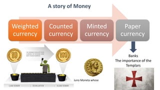 Weighted
currency
Counted
currency
Minted
currency
Paper
currency
III a.c. – Romans used to coin currency in the temple of Juno Moneta whose
funtion was to predict future events (“monere”)
Banks
The importance of the
Templars
A story of Money
 