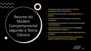 Resumo do
Modelo
Comportamental
segundo a Teoria
Clássica
• Comportamento em decorrência de fatores
econômicos (homo economicus);
• Comportamento pautado na capacidade física da
pessoa;
• Comportamento em decorrência de processos
coercitivos;
• Comportamentos pautados nas tomadas de decisões
“racionalizadas”;
• Comportamento como decorrência da estrutura
organizacional das empresas;
• Comportamento pautado na padronização das ações
humanas;
• Ser humano considerado previsível e controlável,
egoísta e utilitarista em seus propósitos;
13
 