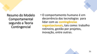 Resumo do Modelo
Comportamental
segundo a Teoria
Contingencial
• O comportamento humano é em
decorrência das tecnologias para
lidar com as contingências
organizacionais, tais como: trabalho
rotineiro, gestão por projetos,
inovação, entre outras.
31
 