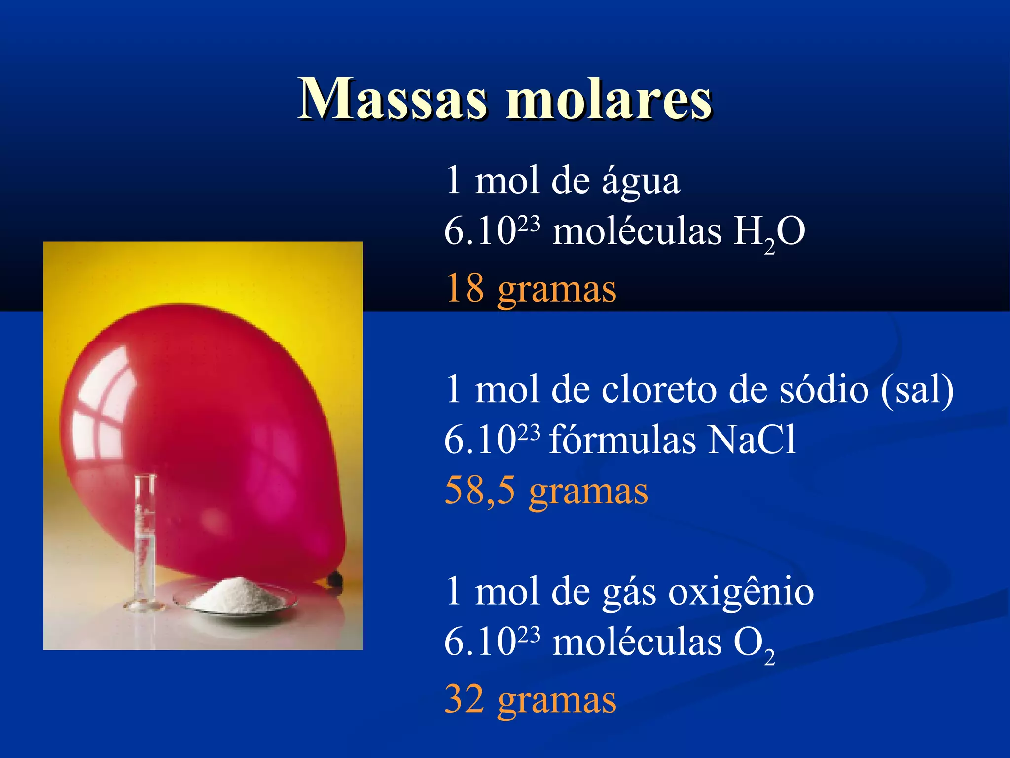 Massas molaresMassas molares
1 mol de água
6.1023
moléculas H2O
18 gramas
1 mol de cloreto de sódio (sal)
6.1023
fórmulas NaCl
58,5 gramas
1 mol de gás oxigênio
6.1023
moléculas O2
32 gramas
 