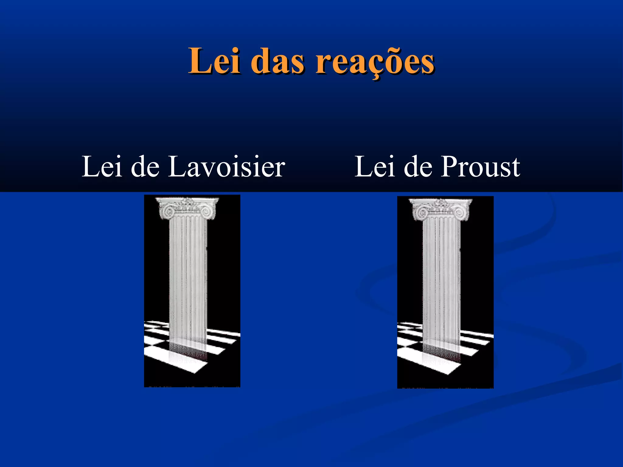 Lei das reaçõesLei das reações
Lei de Lavoisier Lei de Proust
 