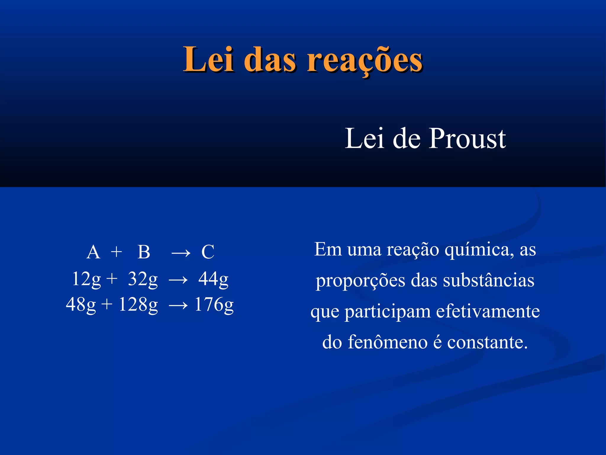 Lei das reaçõesLei das reações
Lei de Proust
A + B → C
12g + 32g → 44g
48g + 128g → 176g
Em uma reação química, as
proporções das substâncias
que participam efetivamente
do fenômeno é constante.
 