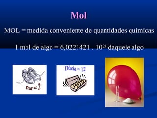 MolMol
MOL = medida conveniente de quantidades químicas
1 mol de algo = 6,0221421 . 1023
daquele algo
 