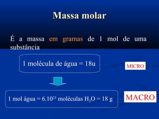Massa molarMassa molar
É a massa em gramas de 1 mol de uma
substância
1 mol água = 6.1023
moléculas H2O = 18 g
1 molécula de água = 18u MICRO
MACRO
 