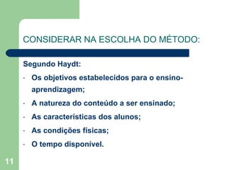 CONSIDERAR NA ESCOLHA DO MÉTODO: Segundo Haydt: Os objetivos estabelecidos para o ensino-aprendizagem; A natureza do conteúdo a ser ensinado; As características dos alunos; As condições físicas; O tempo disponível. 