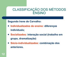CLASSIFICAÇÃO DOS MÉTODOS ENSINO Segundo Irene de Carvalho: Individualizados de ensino:  diferenças individuais; Socializados:  interação social (trabalho em grupo, dramatização) Sócio-individualizados:  combinação dos anteriores. 
