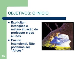 OBJETIVOS: O INÍCIO Explicitam intenções e metas- atuação do professor e dos alunos. Ensino intencional. Não podemos ser “Alices” 