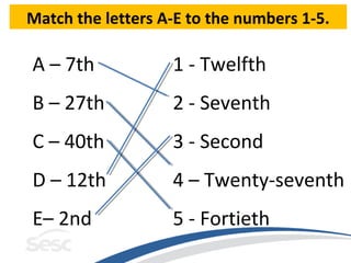 Match the letters A-E to the numbers 1-5.

A – 7th            1 - Twelfth
B – 27th           2 - Seventh
C – 40th           3 - Second
D – 12th           4 – Twenty-seventh
E– 2nd             5 - Fortieth
 