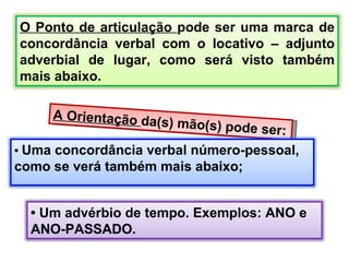 A Orientação  da(s) mão(s) pode ser: O Ponto de articulação  pode ser uma marca de concordância verbal com o locativo – adjunto adverbial de lugar, como será visto também mais abaixo. •  Uma concordância verbal número-pessoal, como se verá também mais abaixo; •  Um advérbio de tempo. Exemplos: ANO e ANO-PASSADO. 