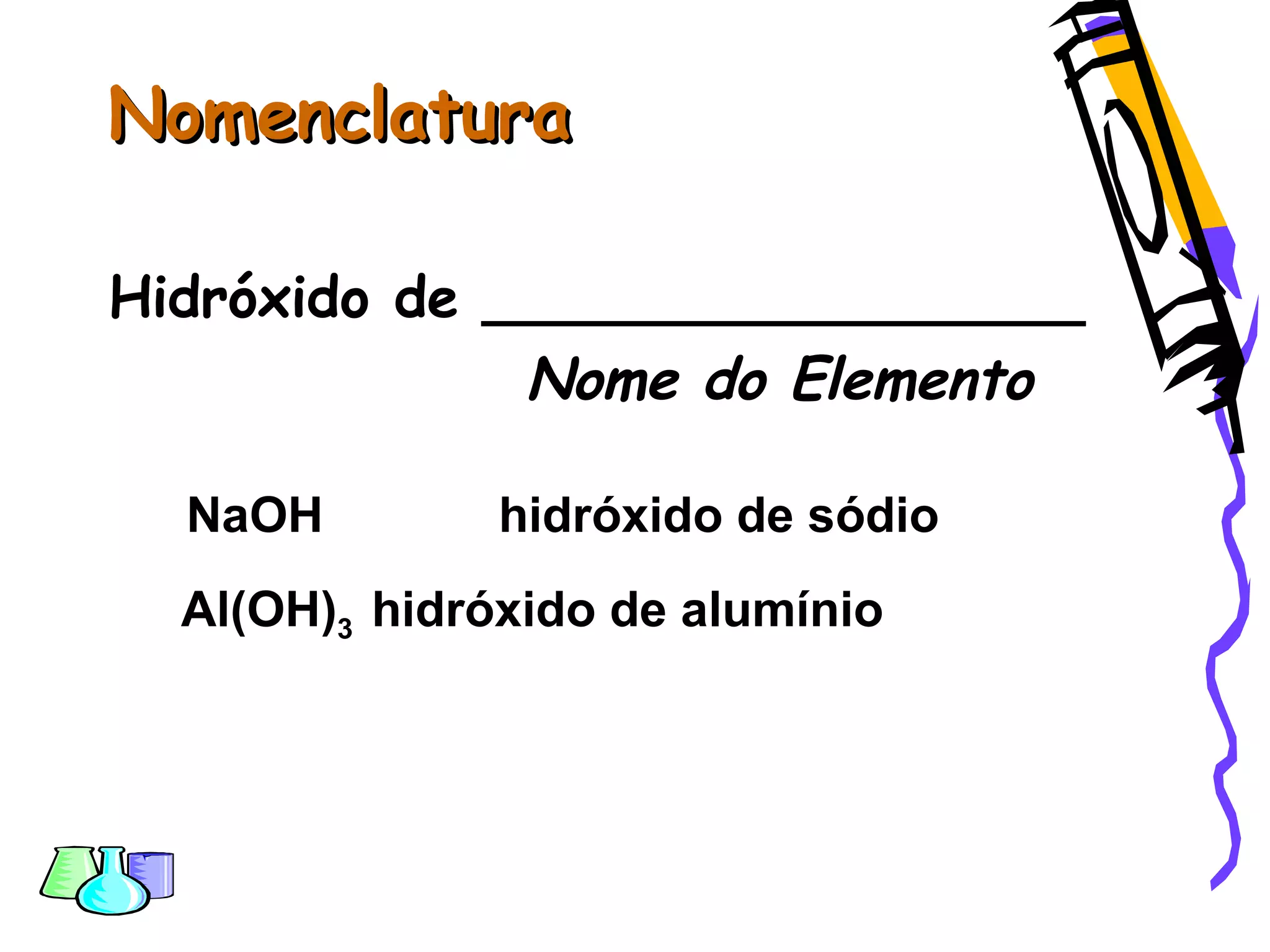 NomenclaturaNomenclatura
Hidróxido de _________________
Nome do Elemento
NaOH hidróxido de sódio
Al(OH)3 hidróxido de alumínio
 