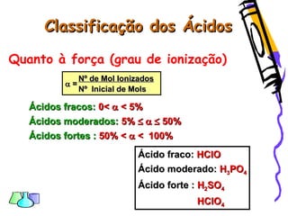 Classificação dos ÁcidosClassificação dos Ácidos
Quanto à força (grau de ionização)
Ácidos fracos:Ácidos fracos: 0<0<  < 5%< 5%
Ácidos moderados:Ácidos moderados: 5%5%   50%50%
Ácidos fortes :Ácidos fortes : 50% <50% <  << 100%100%
Nº de Mol IonizadosNº de Mol Ionizados
 ==
Nº Inicial de MolsNº Inicial de Mols
Ácido fraco:Ácido fraco: HClOHClO
Ácido moderado:Ácido moderado: HH33POPO44
Ácido forte :Ácido forte : HH22SOSO44
HClOHClO44
 