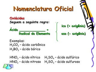Nomenclatura OficialNomenclatura Oficial
OxiácidosOxiácidos
Seguem a seguinte regra:Seguem a seguinte regra:
ico (+ oxigênio)ico (+ oxigênio)
Ácido _____________ +Ácido _____________ +
Radical do ElementoRadical do Elemento oso (- oxigênio)oso (- oxigênio)
Exemplos:
H2CO3 – ácido carbônico
H3BO3 – ácido bórico
HNO3 – ácido nítrico H2SO4 – ácido sulfúrico
HNO2 – ácido nitroso H2SO3 – ácido sulfuroso
 