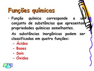 Funções químicasFunções químicas
• Função química corresponde a um
conjunto de substâncias que apresentam
propriedades químicas semelhantes.
As substâncias inorgânicas podem ser
classificadas em quatro funções:
- Ácidos
- Bases
- Sais
- Óxidos
 