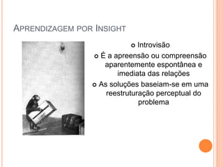 APRENDIZAGEM POR INSIGHT 
 Introvisão 
 É a apreensão ou compreensão 
aparentemente espontânea e 
imediata das relações 
 As soluções baseiam-se em uma 
reestruturação perceptual do 
problema 
 