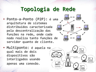 Topologia de Rede
●     Ponto-a-Ponto (P2P): é uma
      arquitetura de sistemas
      distribuídos caracterizada
      pela descentralização das
      funções na rede, onde cada
      nodo realiza tanto funções de
      servidor quanto de cliente.
●     Multiponto: é aquela na
      qual mais de dois
      dispositivos são
      interligados usando
      apenas uma conexão.
    Profª. Jocelma Rios                       23
 