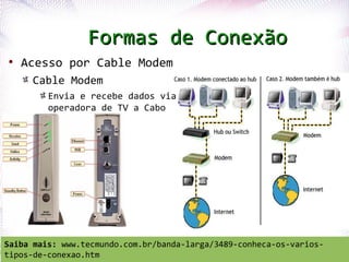 Formas de Conexão
 ●
     Acesso por Cable Modem
      Cable Modem
          Envia e recebe dados via
          operadora de TV a Cabo




Saiba mais: Rios
   Profª. Jocelma www.tecmundo.com.br/banda-larga/3489-conheca-os-varios- 50
tipos-de-conexao.htm
 