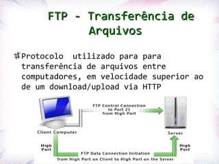 FTP - Transferência de
                            Arquivos

     Protocolo utilizado para para
     transferência de arquivos entre
     computadores, em velocidade superior ao
     de um download/upload via HTTP




Profª. Jocelma Rios                            63
 