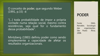 PODER
O conceito de poder, que segundo Weber
(1991, p.33) é:
“[...] toda probabilidade de impor a própria
vontade numa relação social, mesmo contra
resistências, seja qual for o fundamento
dessa probabilidade”.
Mintzberg (1983) definiu poder como sendo
simplesmente a capacidade de afetar os
resultados organizacionais.
Fonte: DIAS,
Reinaldo. Sociologia
das organizações.
São Paulo: Ática,
2008.
2
 
