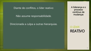 A liderança e o
processo
contínuo de
mudanças
Diante de conflitos, o líder reativo:
Não assume responsabilidade.
Direcionada a culpa a outras hierarquias.
O LÍDER
REATIVO
26
 