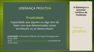 A liderança e o
processo
contínuo de
mudanças
LIDERANÇA PROATIVA
Proatividade
Capacidade que alguém ou algo tem de
fazer com que determinadas coisas
aconteçam ou se desenvolvam.
proatividade, in Dicionário Priberam da Língua Portuguesa [em
linha], 2008-
2013, http://www.priberam.pt/dlpo/proatividade [consultado em
10-05-2015].
Liderança
proativa
27
 