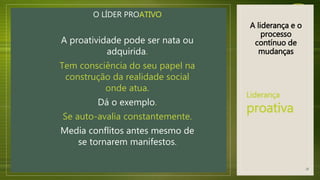 A liderança e o
processo
contínuo de
mudanças
O LÍDER PROATIVO
A proatividade pode ser nata ou
adquirida.
Tem consciência do seu papel na
construção da realidade social
onde atua.
Dá o exemplo.
Se auto-avalia constantemente.
Media conflitos antes mesmo de
se tornarem manifestos.
Liderança
proativa
28
 
