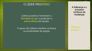A liderança e o
processo
contínuo de
mudanças
O LÍDER PROATIVO
Líderes proativos fomentam a
liberdade de agir e propiciam a
autoconfiança da equipe.
O apoio dos líderes interfere na forma
na proatividade da equipe.
Liderança
proativa
29
 