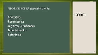 PODER
TIPOS DE PODER (apostila UNIP):
Coercitivo
Recompensa
Legítimo (autoridade)
Especialização
Referência
3
 