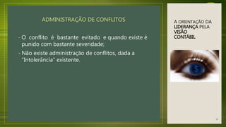 A ORIENTAÇÃO DA
LIDERANÇA PELA
VISÃO
CONTÁBIL
ADMINISTRAÇÃO DE CONFLITOS
- O conflito é bastante evitado e quando existe é
punido com bastante severidade;
- Não existe administração de conflitos, dada a
“Intolerância” existente.
36
 
