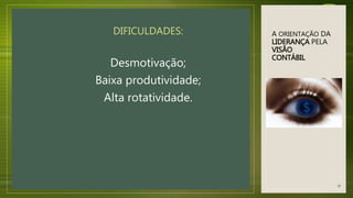 A ORIENTAÇÃO DA
LIDERANÇA PELA
VISÃO
CONTÁBIL
DIFICULDADES:
Desmotivação;
Baixa produtividade;
Alta rotatividade.
38
 