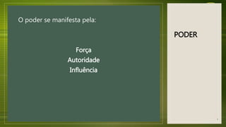 PODER
O poder se manifesta pela:
Força
Autoridade
Influência
5
 